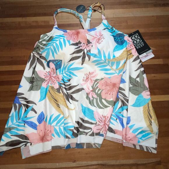 Coco Reef Women's Palm-Print Mesh-Overlay Tankini - Blue 32DD - Picture 2 of 11